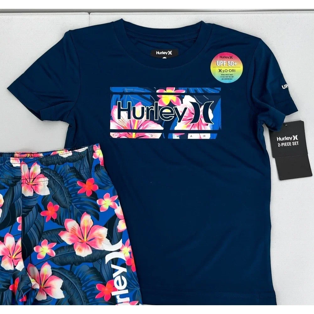 HURLEY H2O DRI UPF 50+ SWIM SET Little Boy‎ Size 4 SWIM TRUNKS/RASH GUARD FLORAL